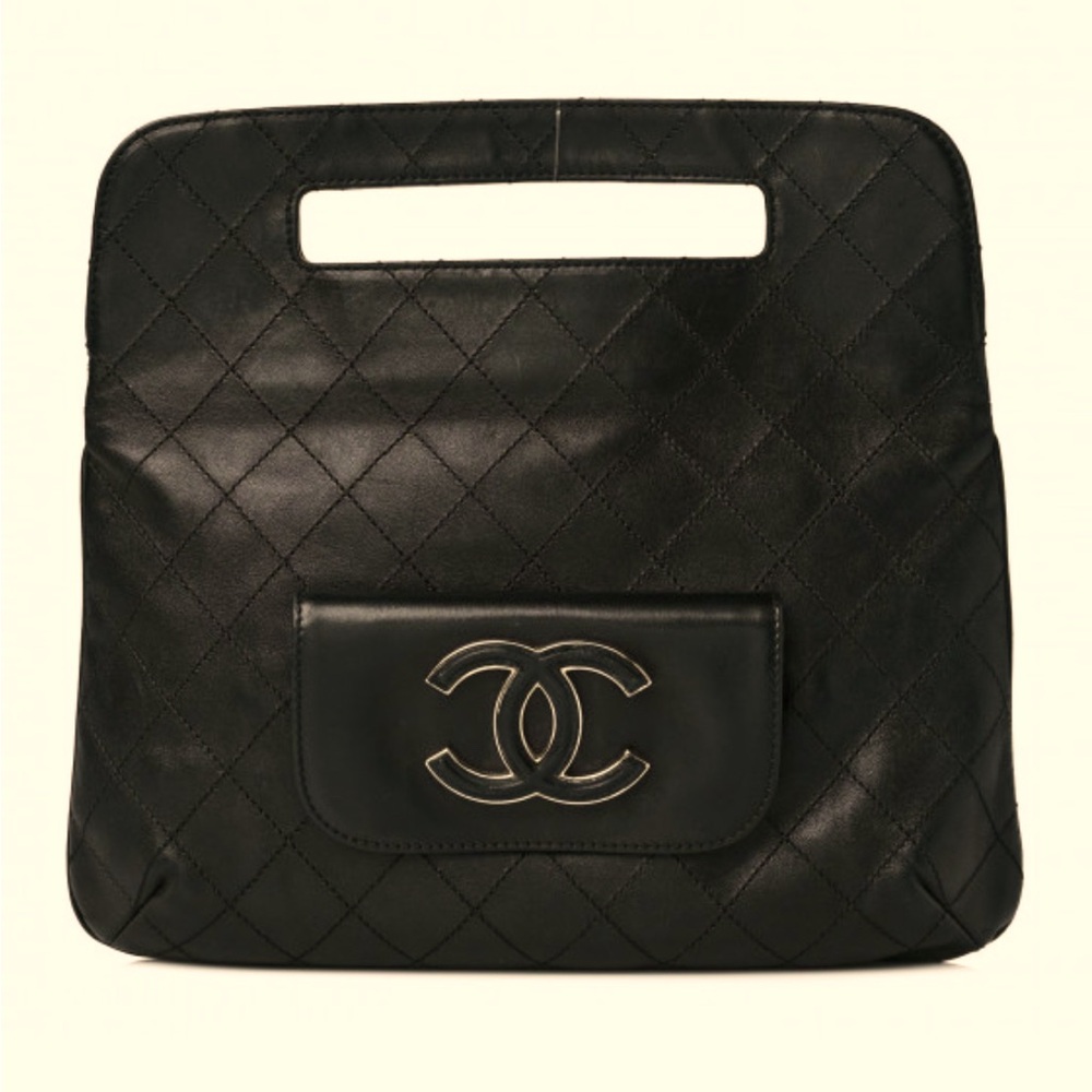 Chanel CC Black Leather fold over Hampton tote clutch hand bag